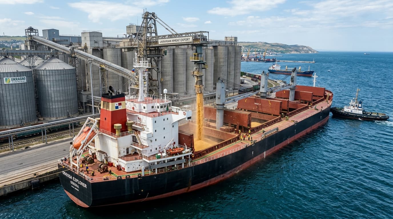 Loading grain onto bulk carrier at port