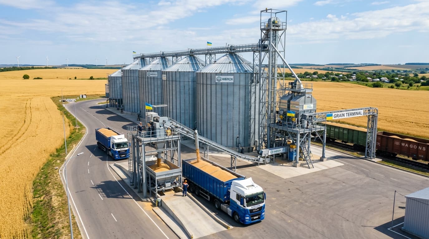 Modern grain elevator terminal with rail and truck logistics
